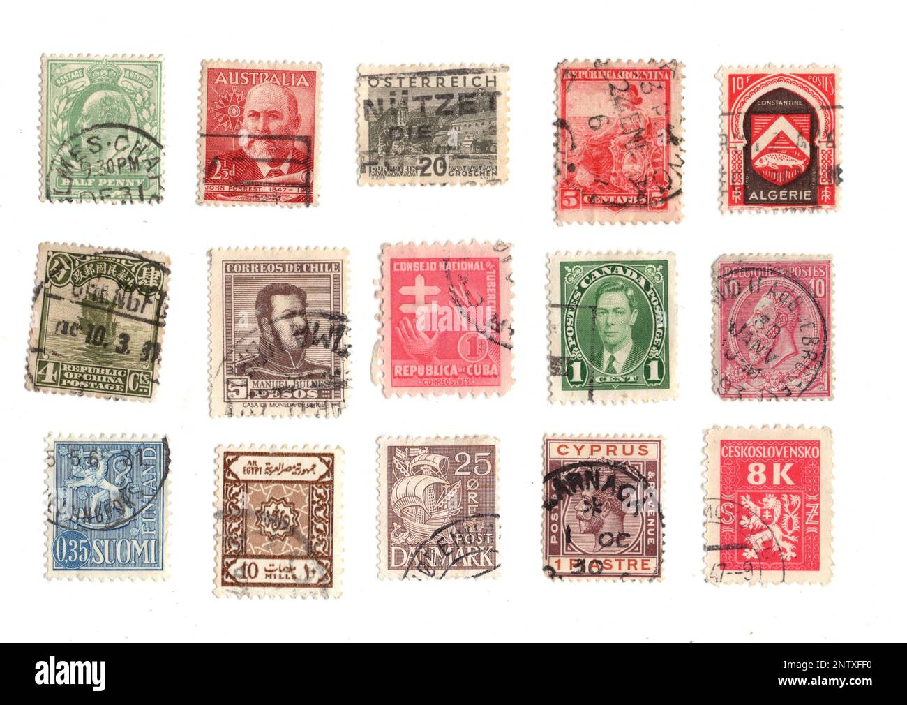 Vintage postage stamps from around the world on a white background