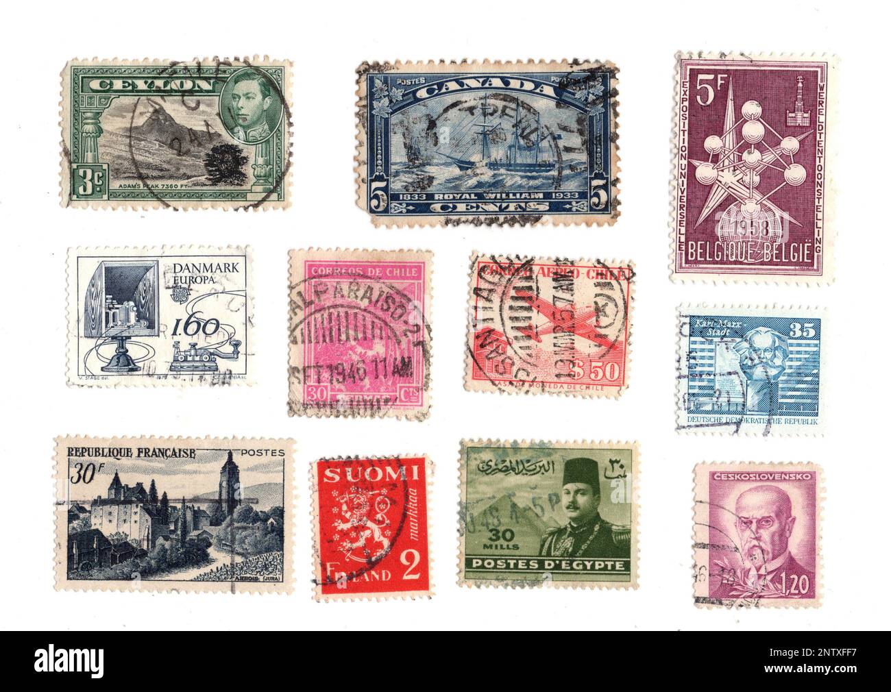 Vintage postage stamps from around the world on a white background