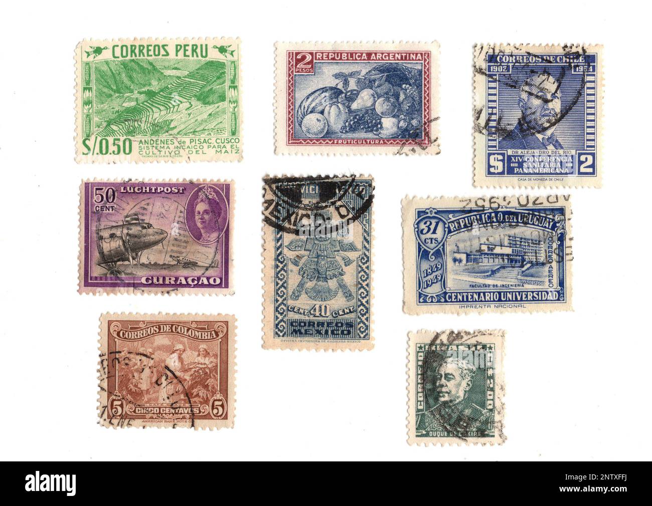 Vintage postage stamps from around the world on a white background