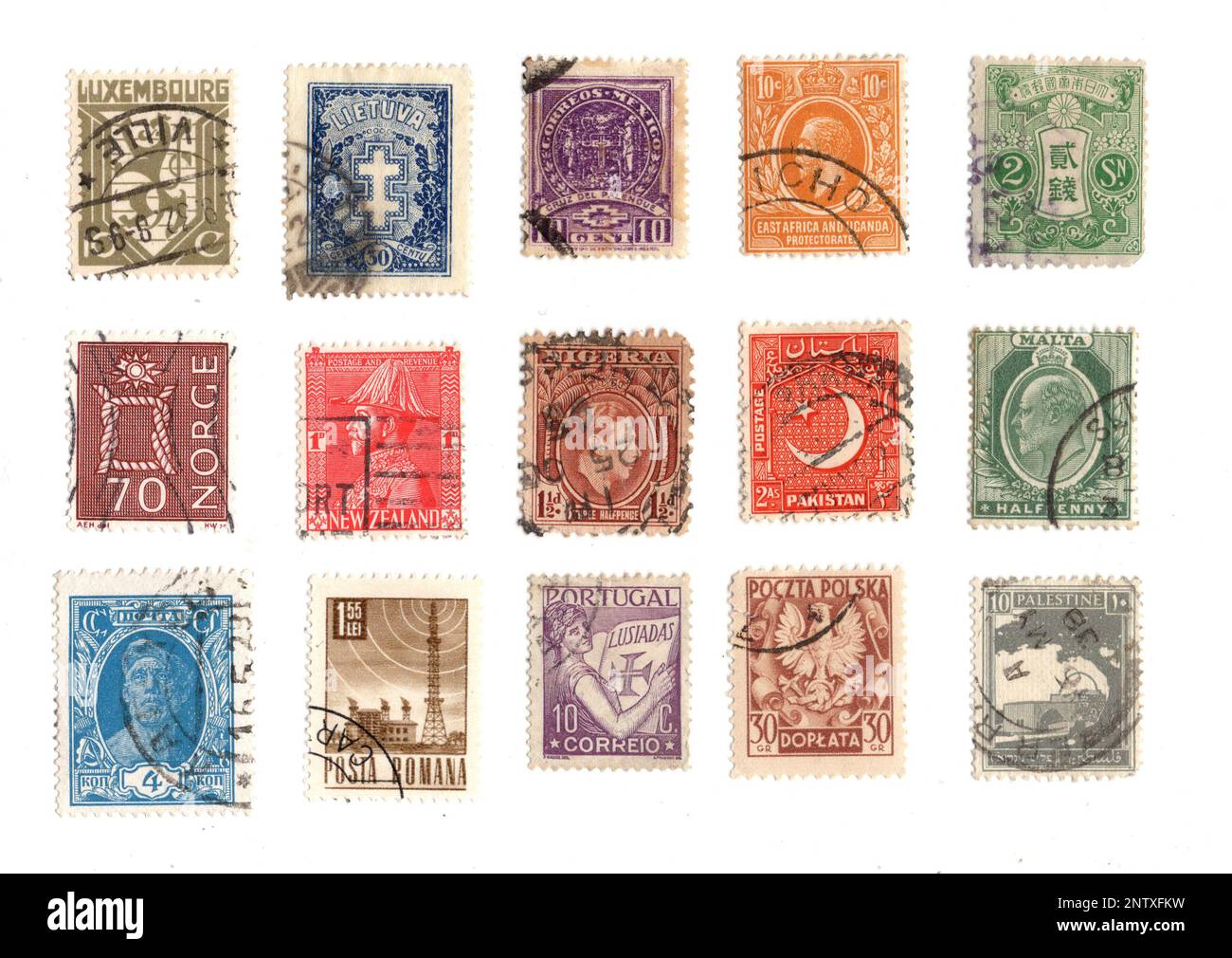 Vintage postage stamps from around the world on a white background