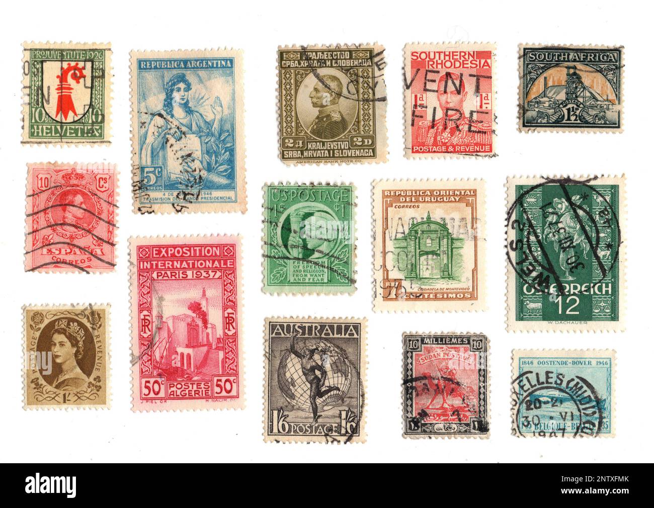 Vintage postage stamps from around the world on a white background