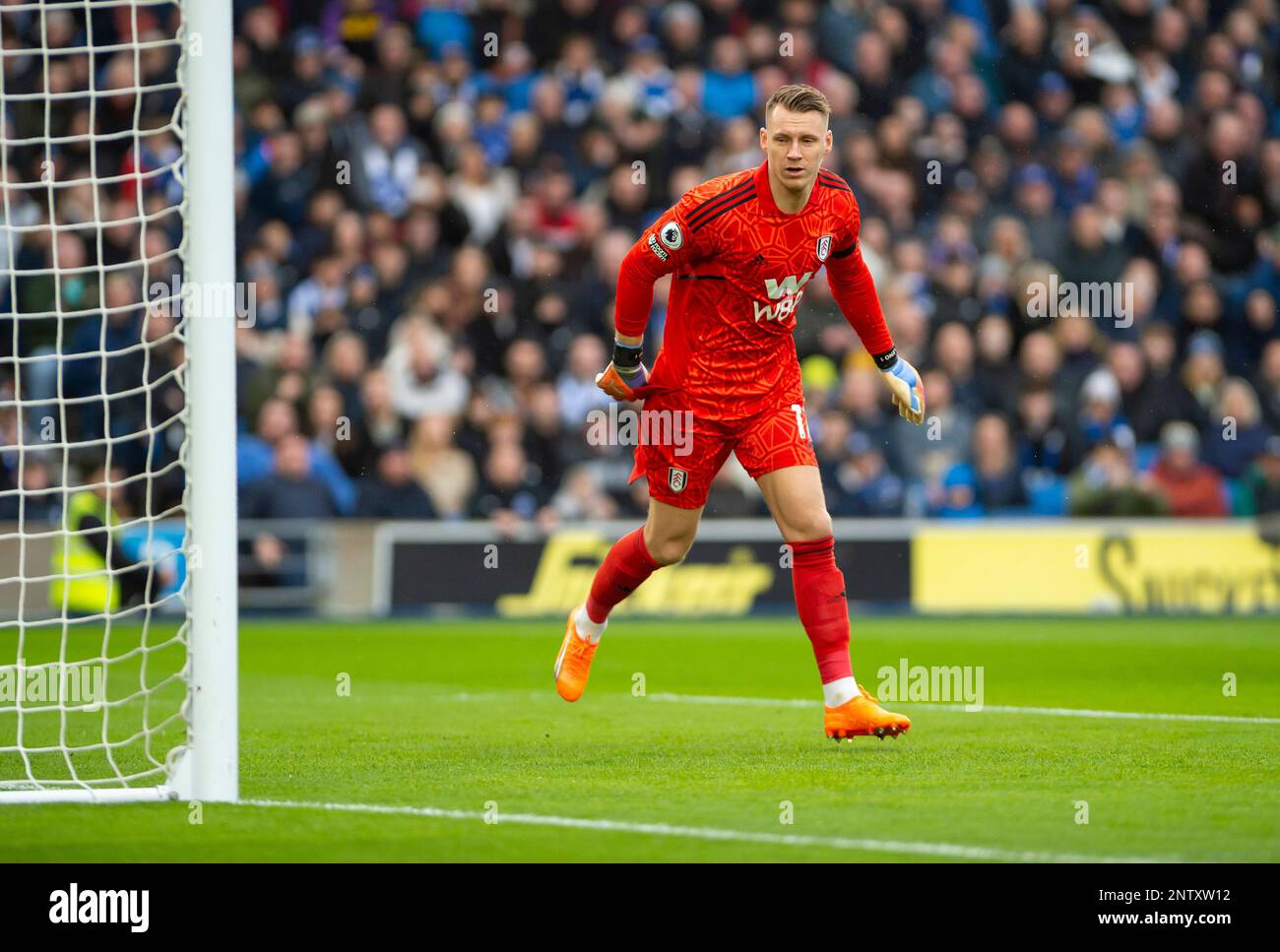 Fulham goalkeeper Bernd Leno during the Brighton and Hove Albion v Fulham Premier League match at the American Express Community Stadium, Brighton. Saturday 18th February 2023 Stock Photo