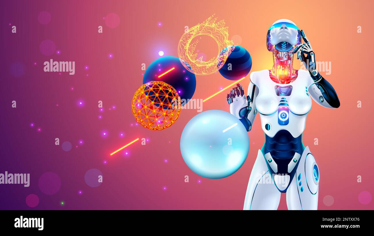 AI in image robot woman or female cyborg working in 3d virtual reality cyberspace. Robotic lady look at up, analysis geometrical spherical 3d diagram Stock Vector