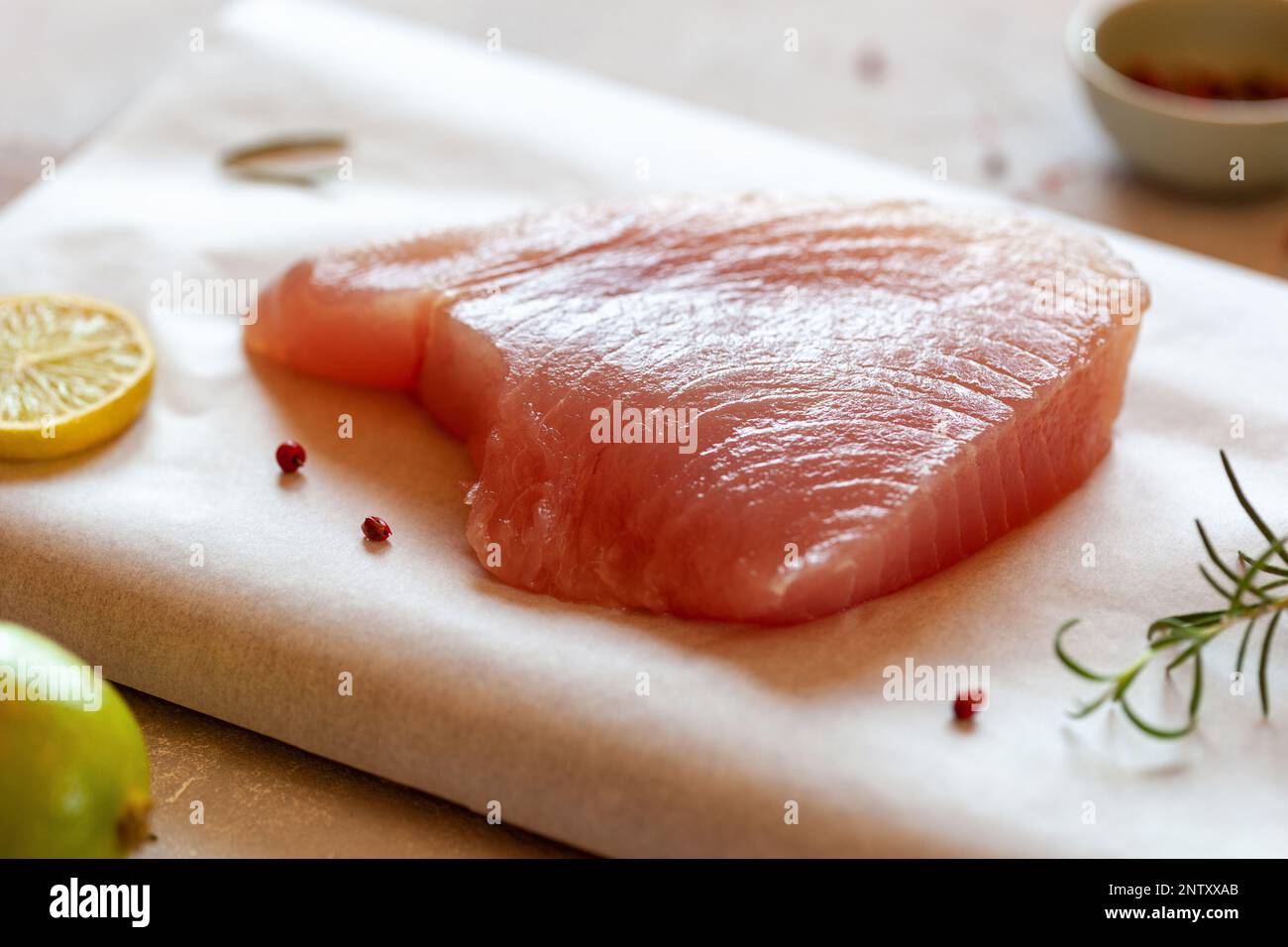 raw piece of tuna albacore fish, side view Stock Photo Alamy