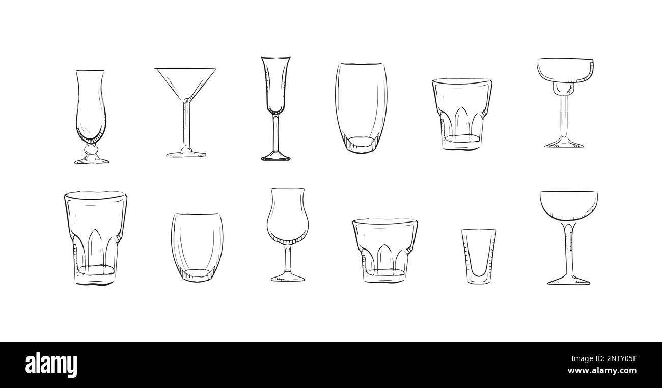 Glasses for cocktails set. Exquisite glassware for martini and vodka