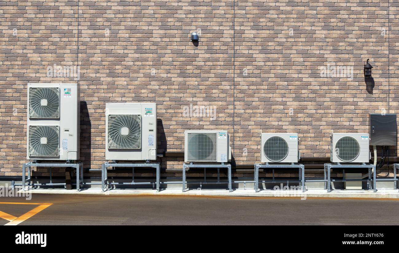 Air conditioning units on wall of building, Kanazawa, Ishikawa, Japan
