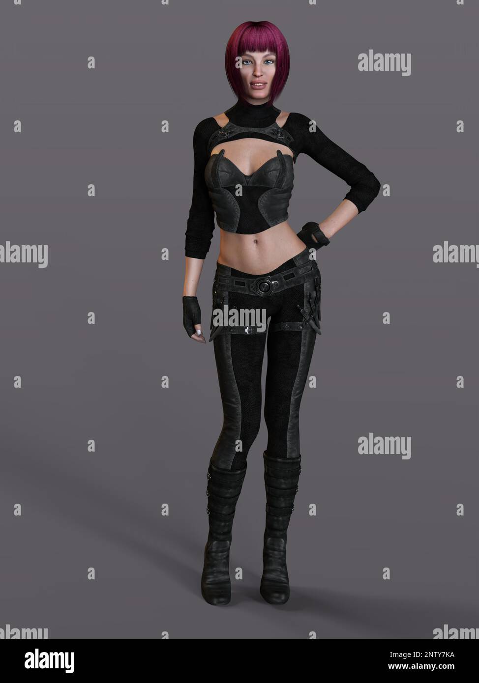 3D-illustration of an female rogutlike ninja fighter fighter in a nanosuit with guns Stock Photo