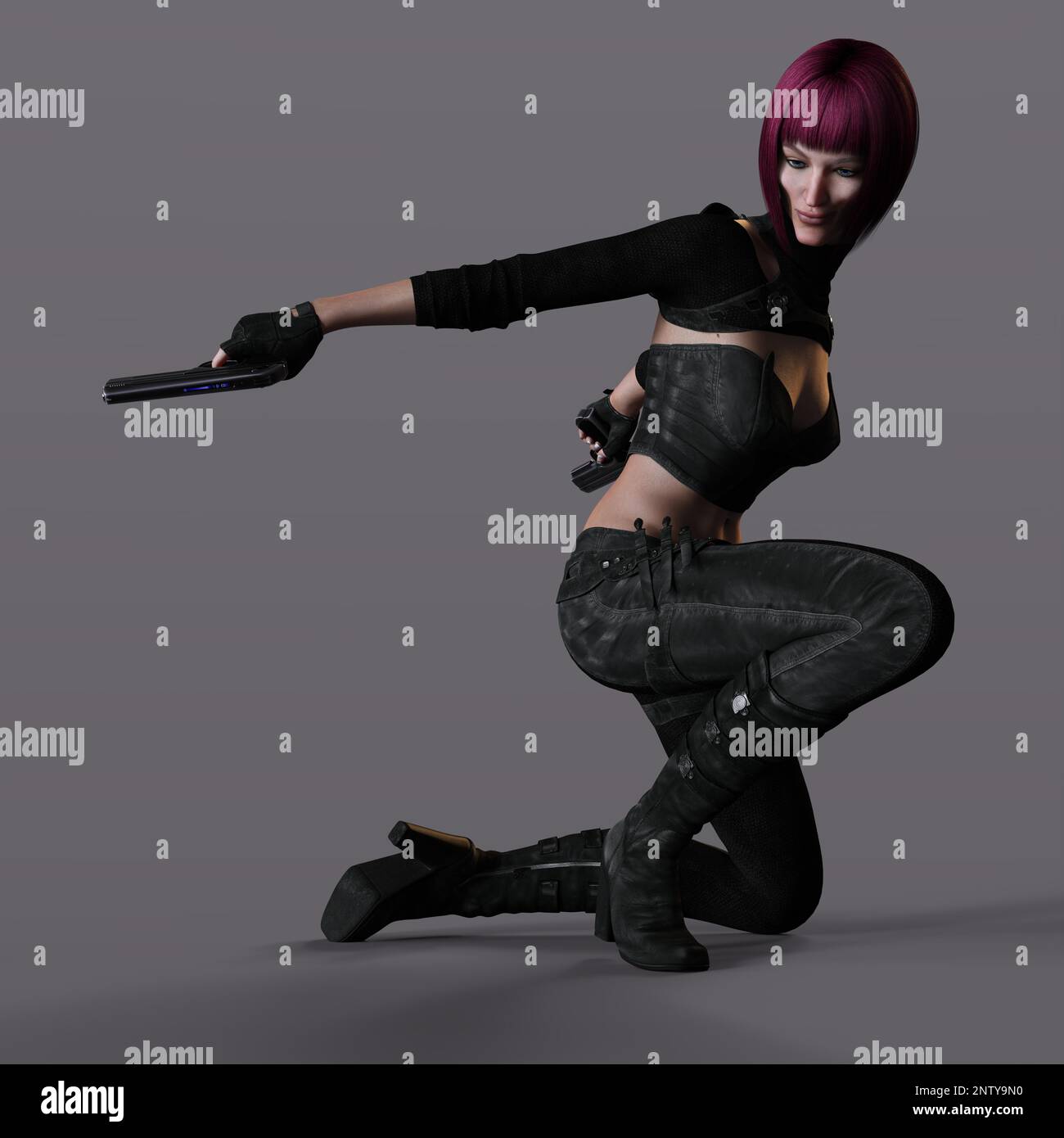 3D-illustration of an female rogutlike ninja fighter fighter in a nanosuit with guns Stock Photo