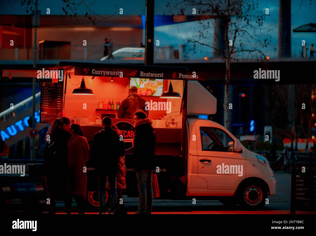 Currywurst truck in sunset,Wolfsburg Stock Photo