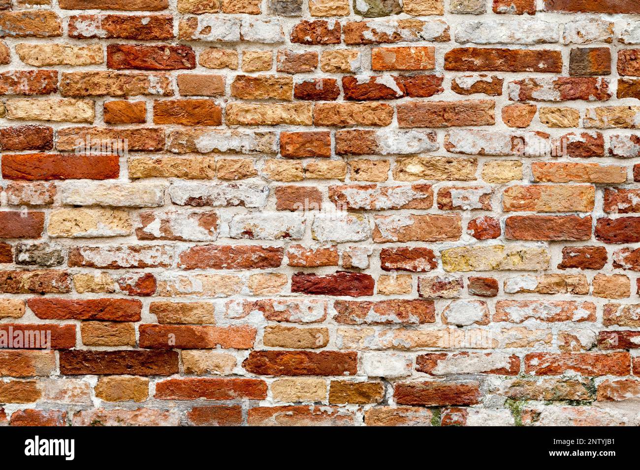 Full frame close up on a weathered red brick wall. Stock Photo