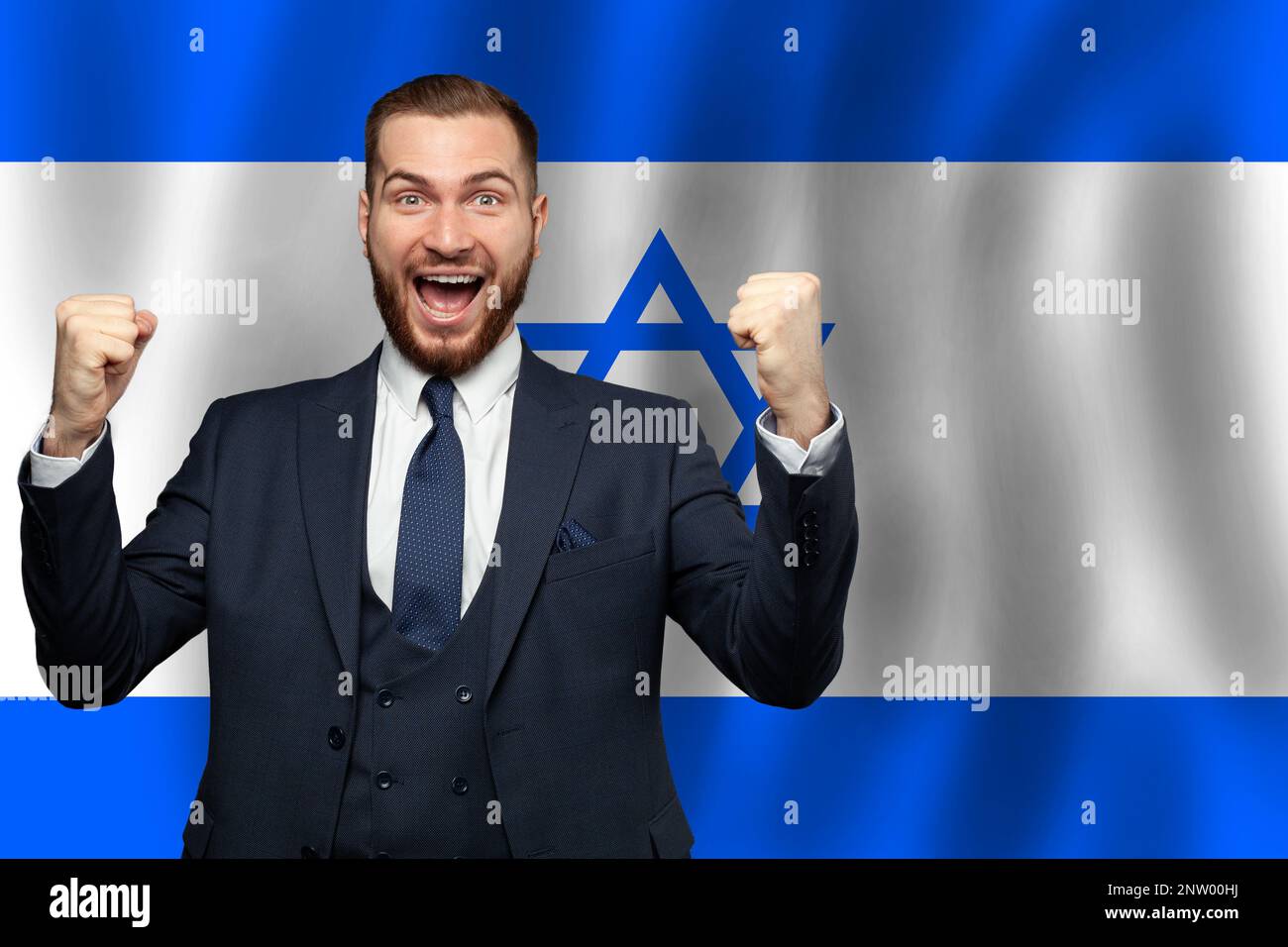 Izraeli happy businessman on the background of flag of Izrael Business, education, degree and citizenship concept Stock Photo