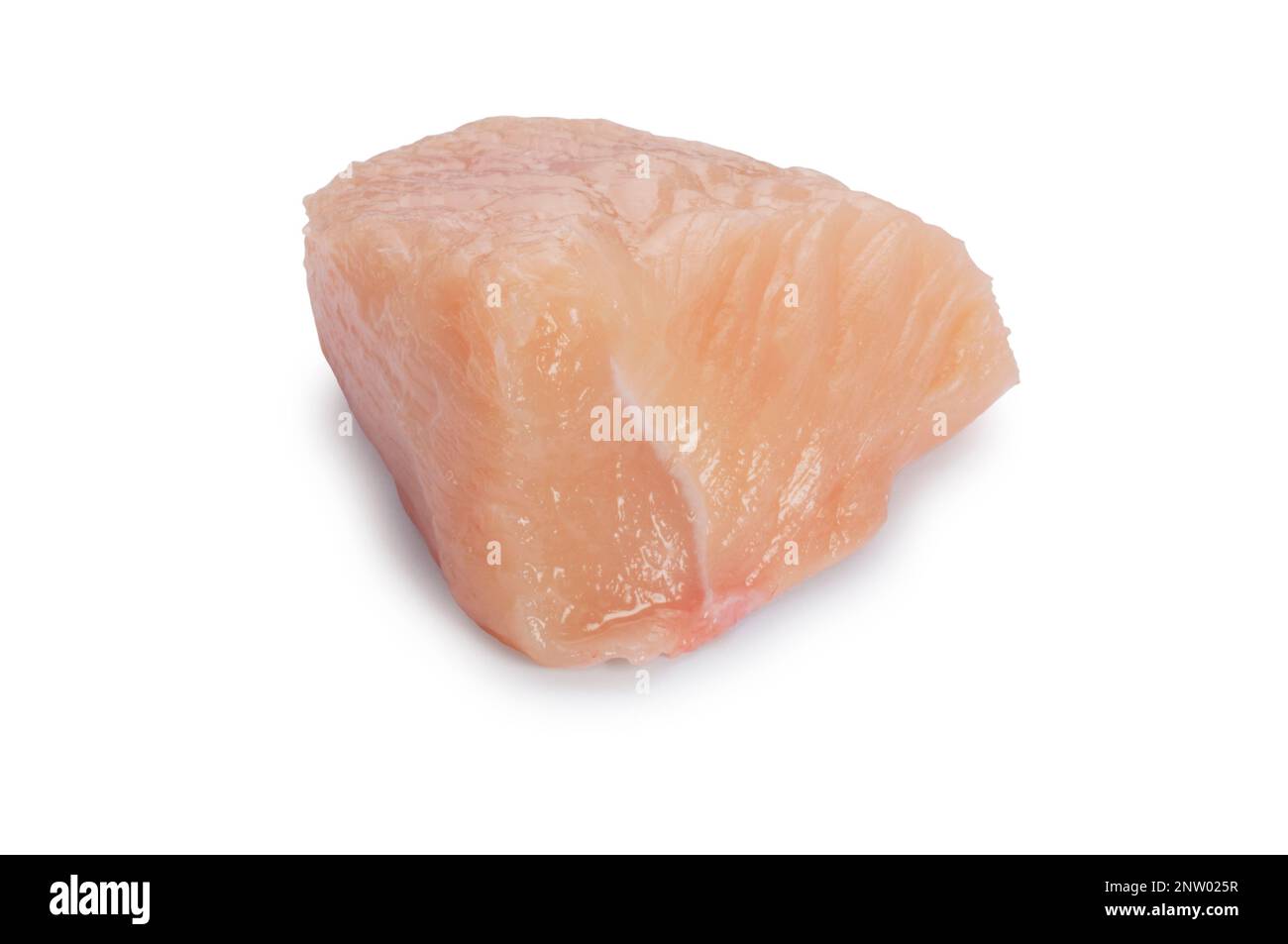 Studio shot of a piece of diced chicken cut out against a white background - John Gollop Stock Photo