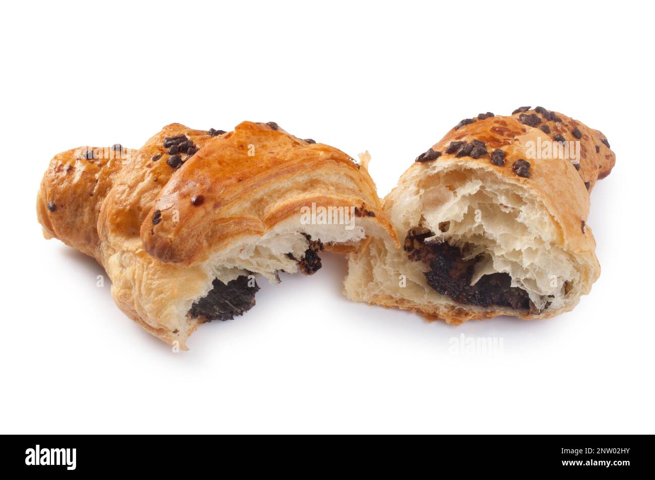 Studio shot of chocolate chip croissant cut out against a white background - John Gollop Stock Photo