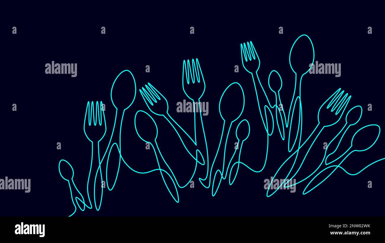 One line table spoon forks dinner lunch concept. Cafe menu decoration border silhouette