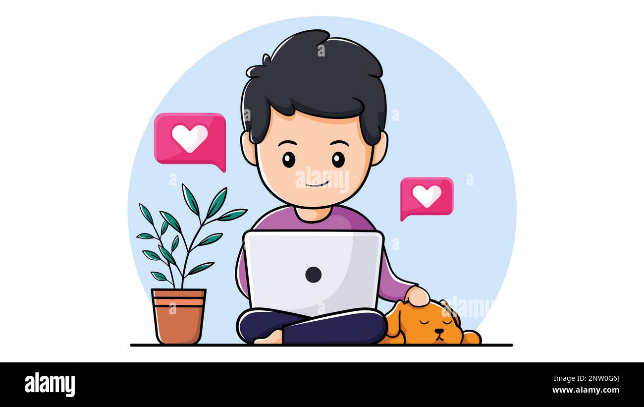 Cute boy using laptop with pet dog. concept of viewing social media and watching video. vector illustration Stock Vector