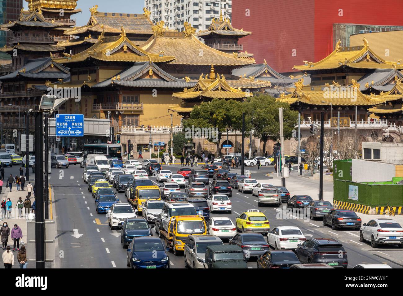SHANGHAI, CHINA - FEBRUARY 28, 2023 - Traffic jams on a road in Shanghai, China, February 28, 2023. Stock Photo