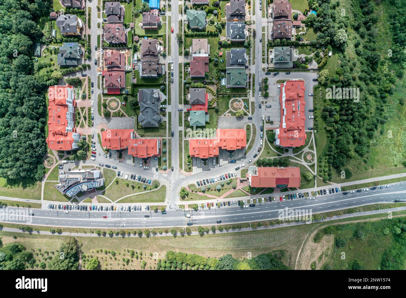 aerial view of suburban residential neighborhood on sunny summer day Stock Photo