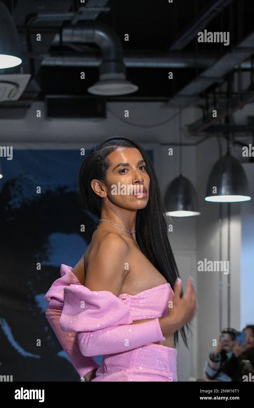 London, UK, 19th February 2023, LAN Fashion show was held in Croydon with London-based fashion designer Ettie. Ettie is a UK-based luxury handmade clothing brand founded by Juliette Stephenson. Ettie specialises in feminine party wear with pop colours and fun fabrics., Andrew Lalchan Photography/Alamy Live News Stock Photo