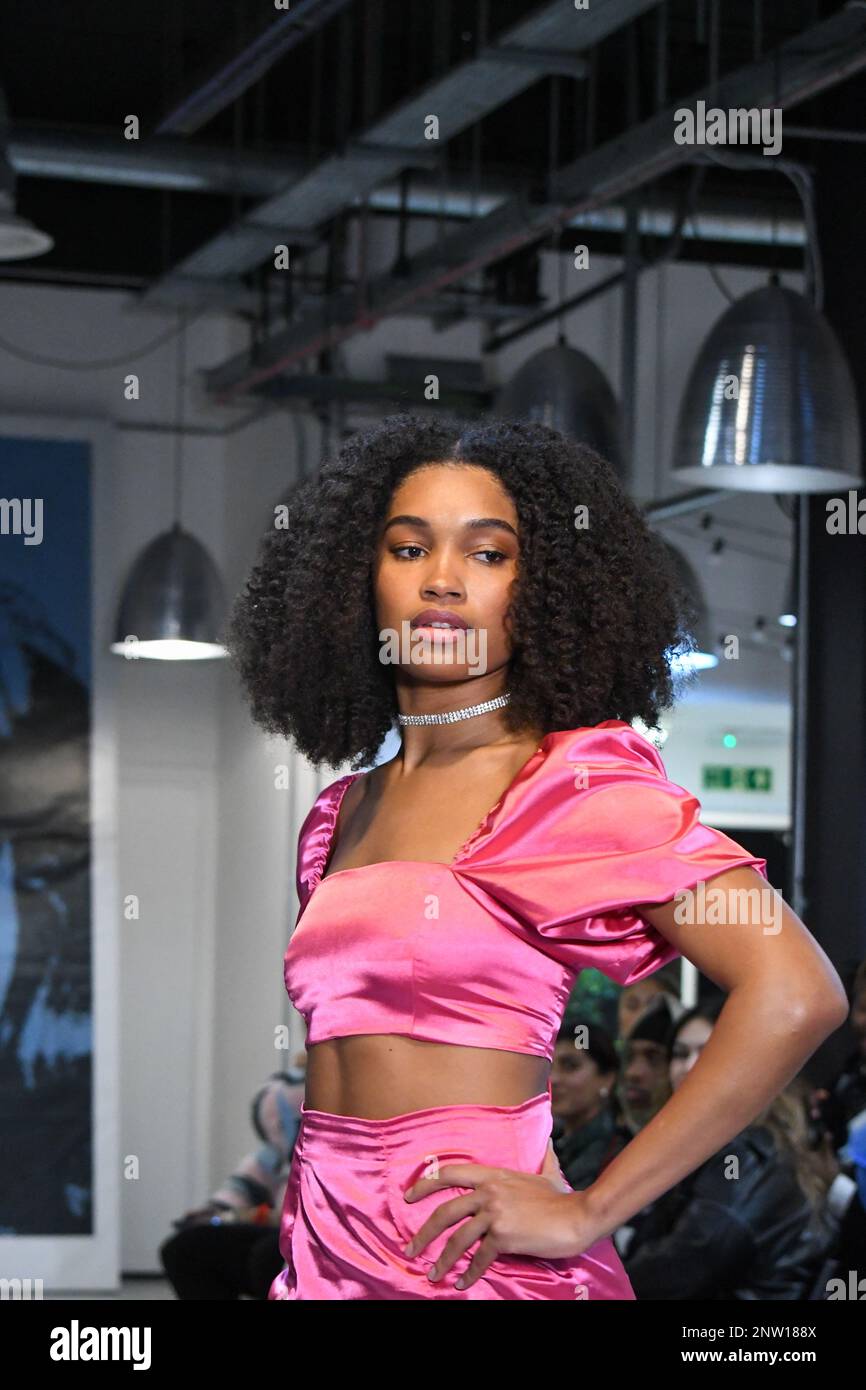 London, UK, 19th February 2023, LAN Fashion show was held in Croydon with London-based fashion designer Ettie. Ettie is a UK-based luxury handmade clothing brand founded by Juliette Stephenson. Ettie specialises in feminine party wear with pop colours and fun fabrics., Andrew Lalchan Photography/Alamy Live News Stock Photo