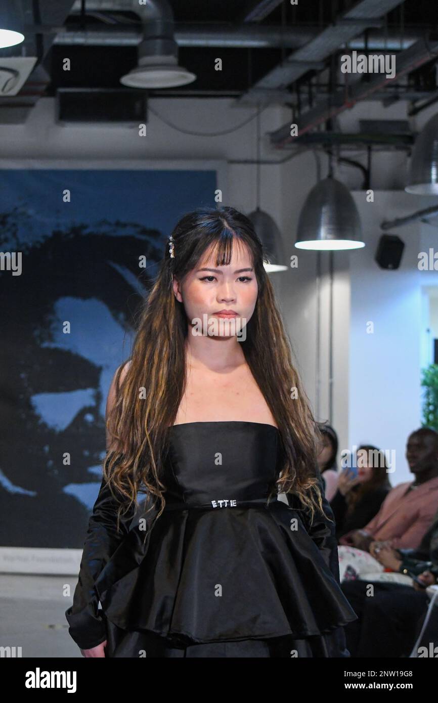 London, UK, 19th February 2023, LAN Fashion show was held in Croydon with London-based fashion designer Ettie. Ettie is a UK-based luxury handmade clothing brand founded by Juliette Stephenson. Ettie specialises in feminine party wear with pop colours and fun fabrics., Andrew Lalchan Photography/Alamy Live News Stock Photo