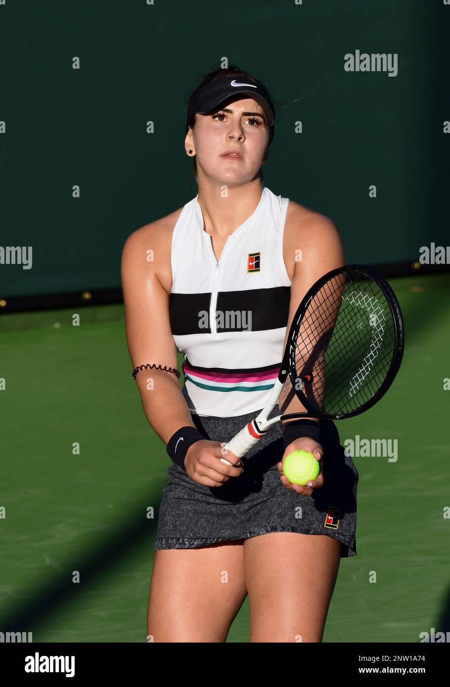 NEWPORT BEACH, CA - JANUARY 25: Bianca Andreescu (CAN) serving during a  quarterfinals match played at the Oracle Challenger Series, on January 25,  2019, at the Newport Beach Tennis Club in Newport