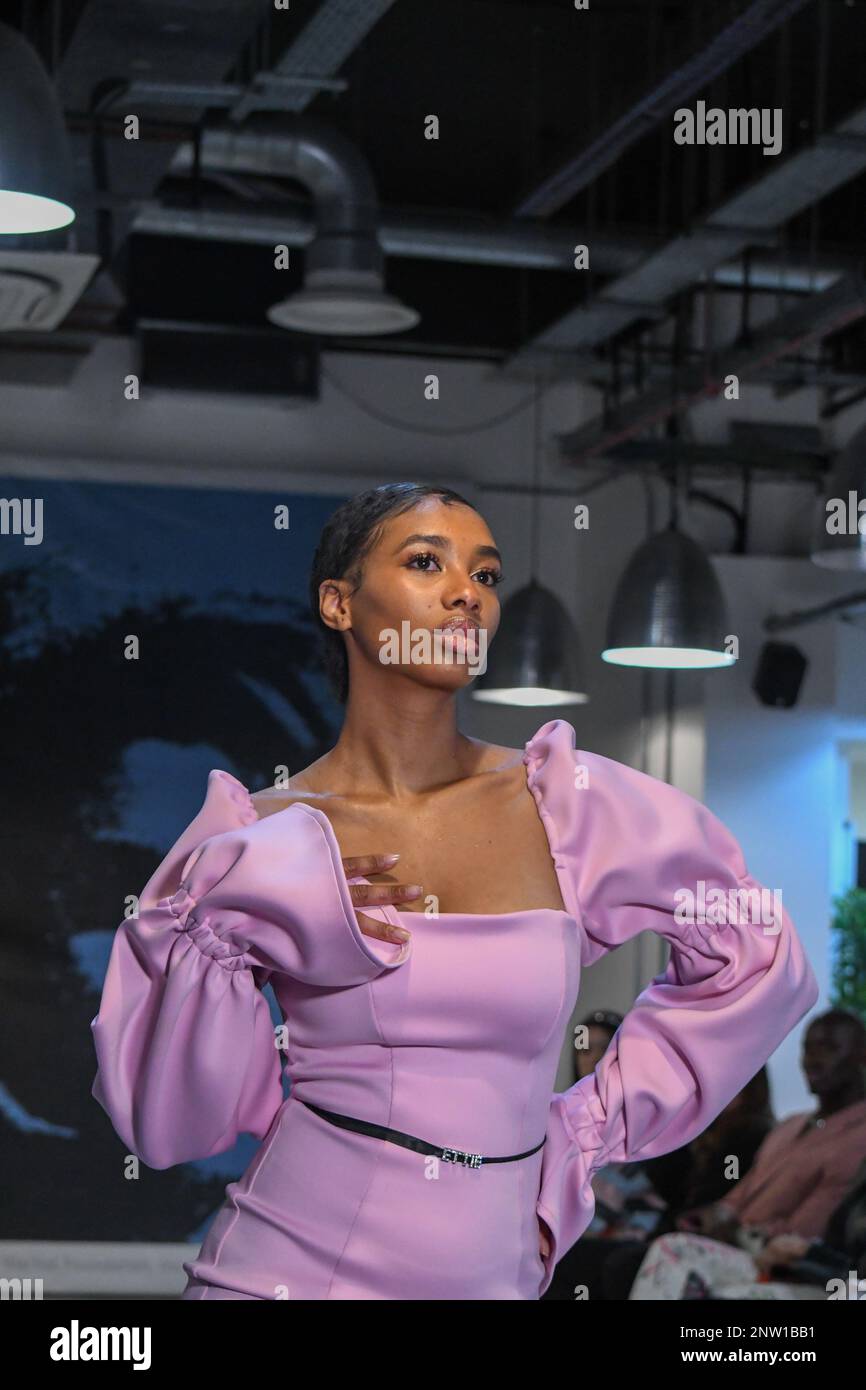 London, UK, 19th February 2023, LAN Fashion show was held in Croydon with London-based fashion designer Ettie. Ettie is a UK-based luxury handmade clothing brand founded by Juliette Stephenson. Ettie specialises in feminine party wear with pop colours and fun fabrics., Andrew Lalchan Photography/Alamy Live News Stock Photo
