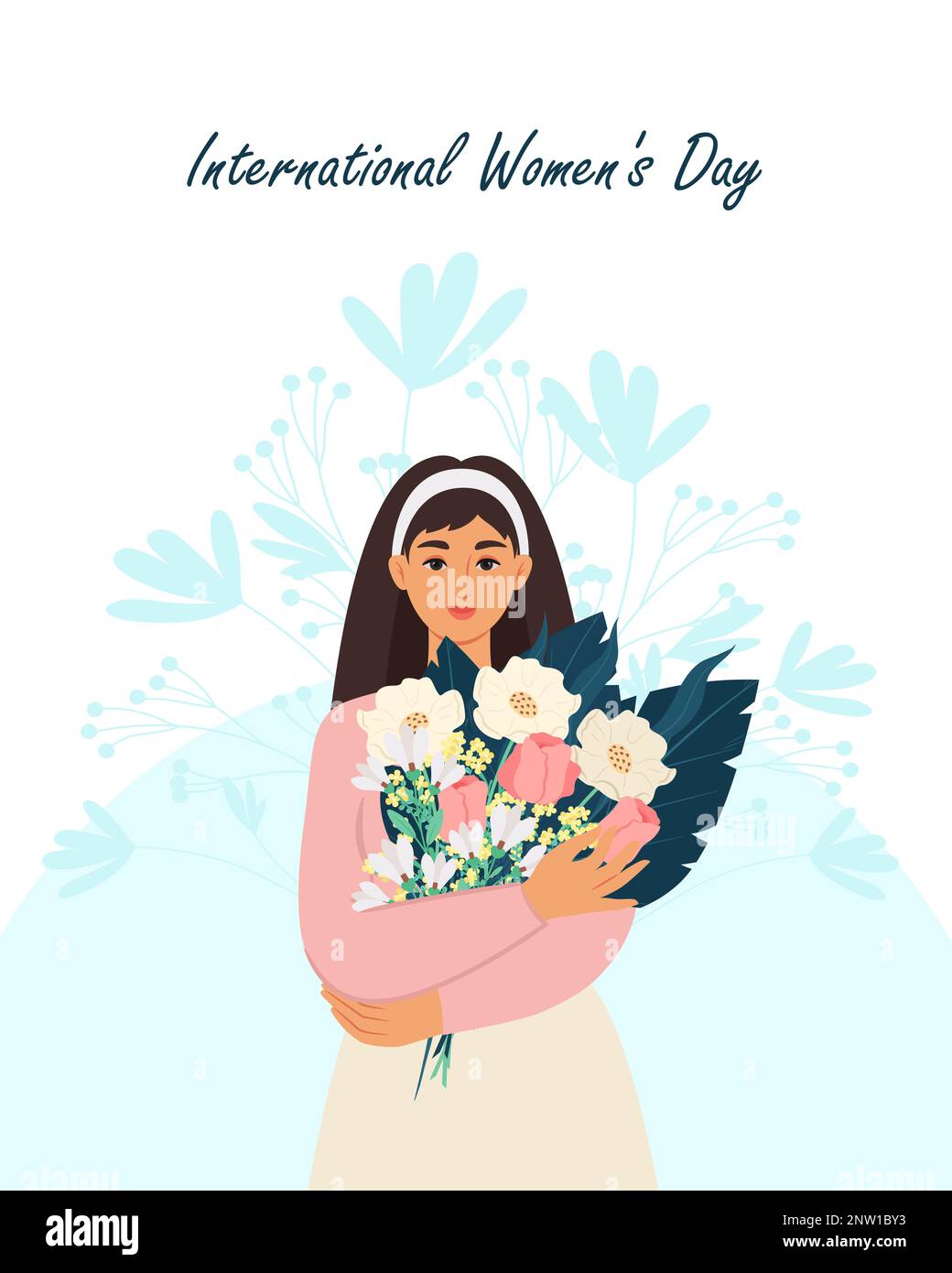 Young woman is holding a beautiful bouquet of flowers. International Women s Day. Vector illustration Stock Vector