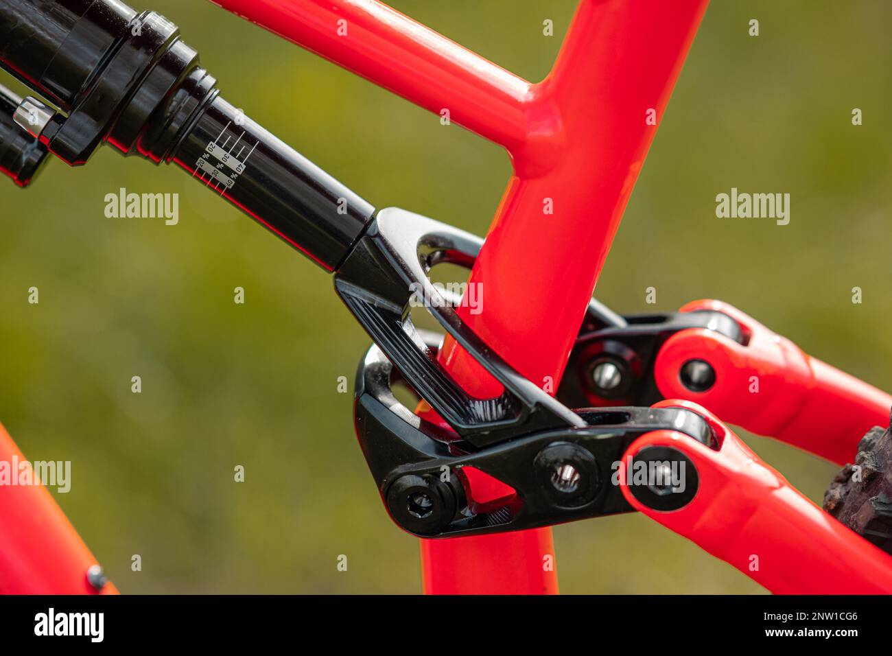 side view of a rear shock of a modern mountain bicycle attachment point
