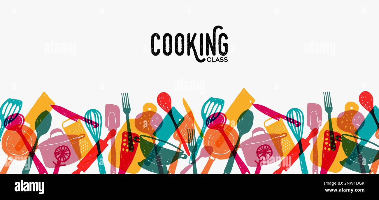 Cooking class horizontal frame template design. Diverse kitchen utensils in colorful transparent doodle style on isolated background. Multicolor vecto Stock Vector
