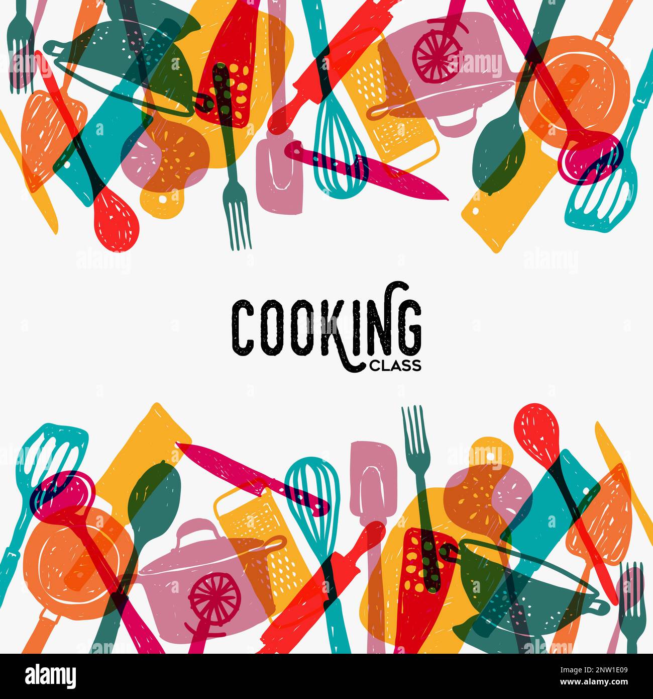 Cooking class frame template design. Diverse kitchen utensils in colorful transparent doodle style on isolated background. Multicolor vector illustrat Stock Vector