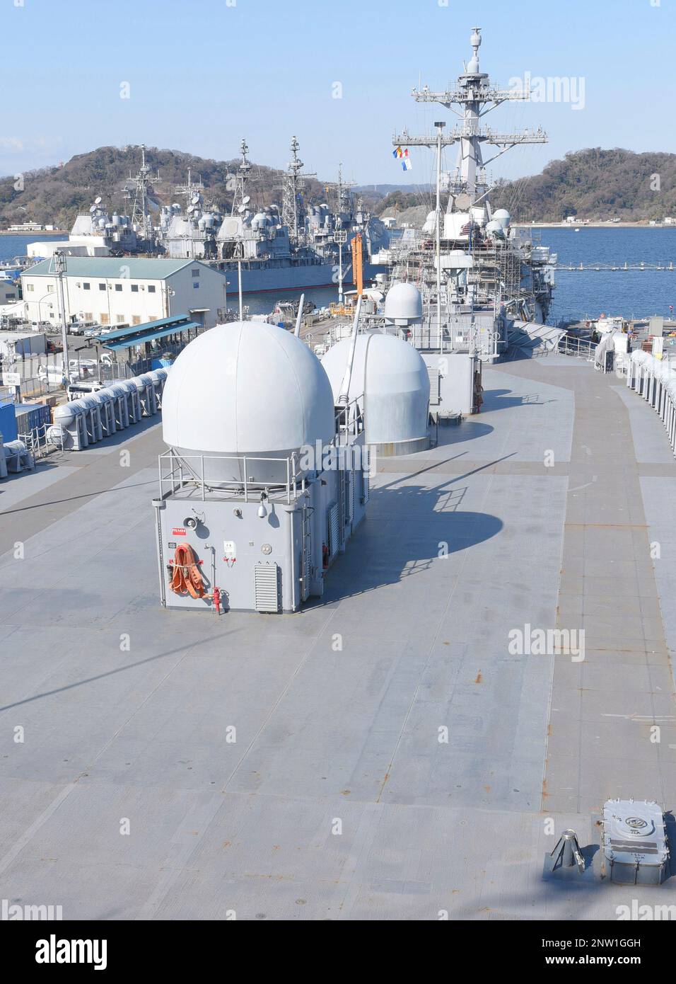 A deck of the U.S. 7th Fleet flagship USS Blue Ridge (LCC 19) is