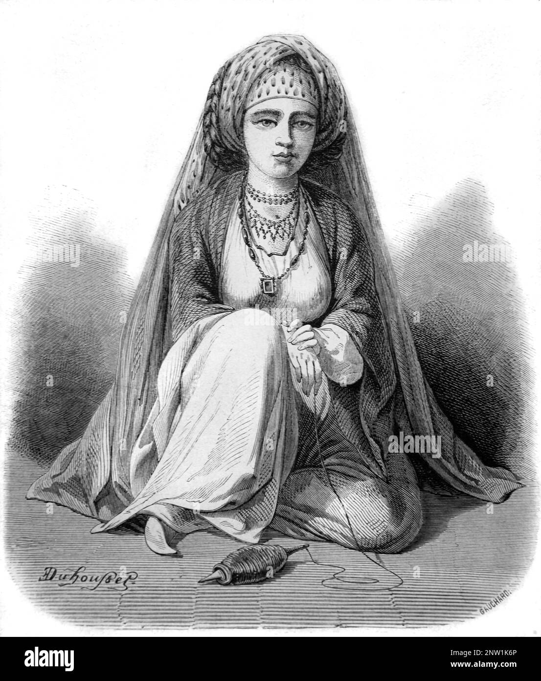 Portrait of Young Persian, Iranian Girl or Persian Princess, Wearing Traditional Ethnic Dress, Sewing or Knitting, in Varamin or Veramin in Tehran Province Iran or Persia. Vintage Illustration or Engraving 1862 Stock Photo