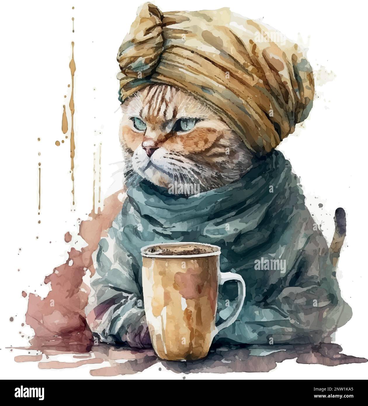 Turkish Cat with coffee cup. Muslim cat with turban. Watercolor Vector illustration for coffee houses. Isolated on white background. Can be used for m Stock Vector