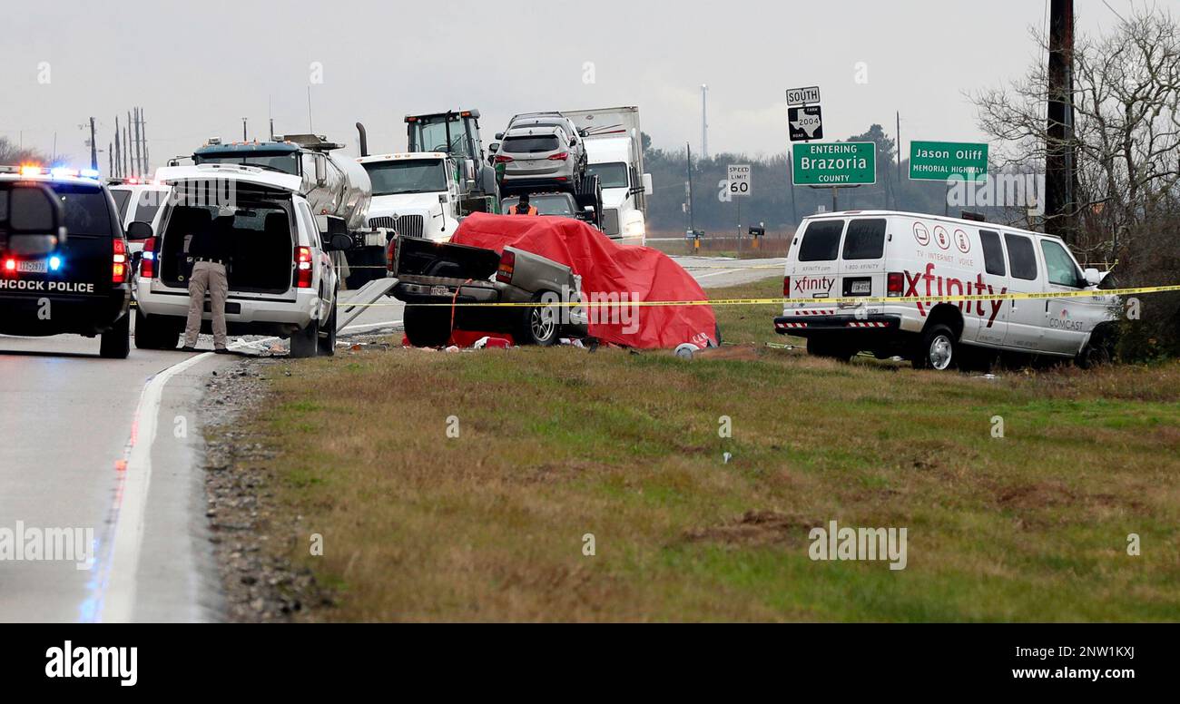 Emergency personnel investigate the scene of a fatal accident on FM