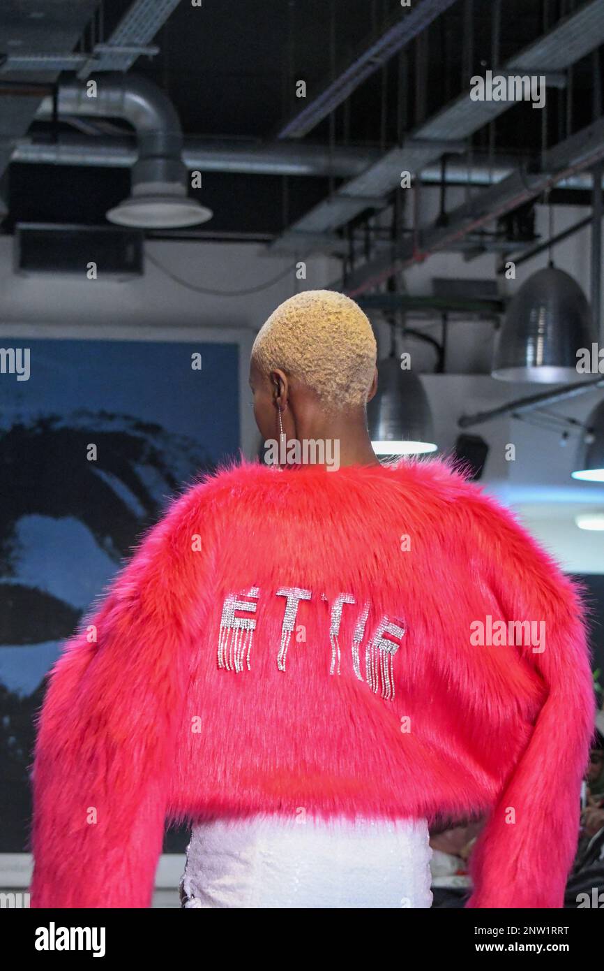 London, UK, 19th February 2023, LAN Fashion show was held in Croydon with London-based fashion designer Ettie. Ettie is a UK-based luxury handmade clothing brand founded by Juliette Stephenson. Ettie specialises in feminine party wear with pop colours and fun fabrics., Andrew Lalchan Photography/Alamy Live News Stock Photo