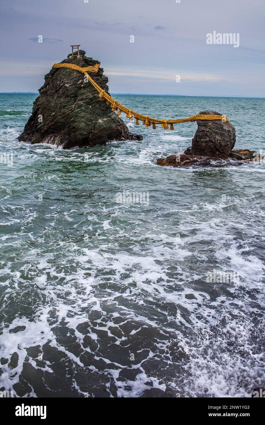 Meoto-Iwa, Wedded Rocks off the coast of Futamigaura Beach, Futami Town on the in Mie Prefecture, Japan. Stock Photo