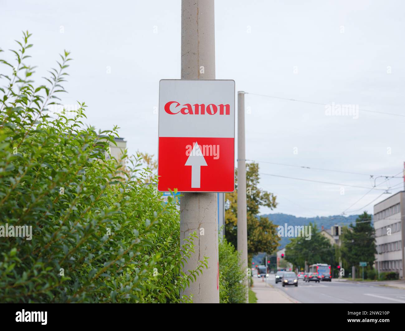 Linz, Austria - August 6, 2022: Outdoor signage board with Canon Inc ...