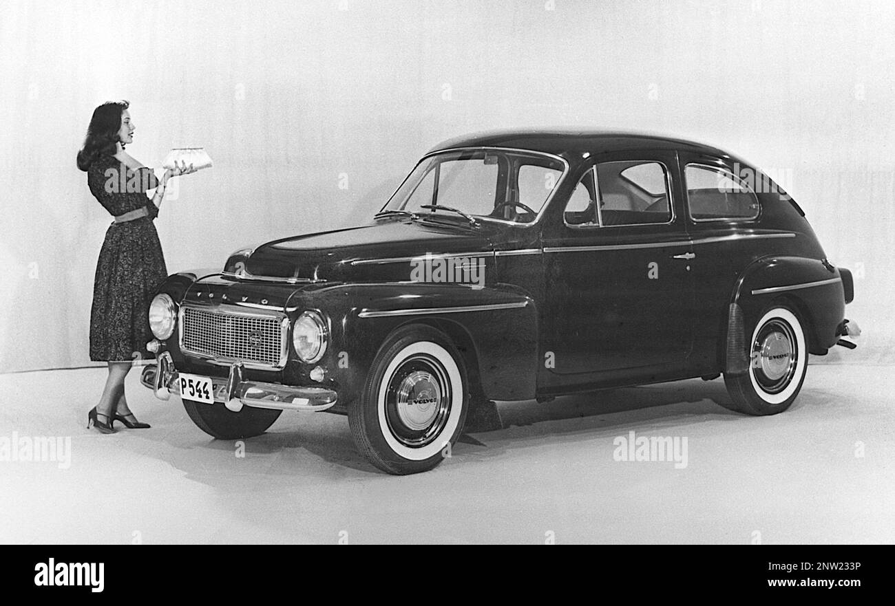 Volvo car in the 1950s. The brand new Volvo car model PV 544 was presented 25 august 1958 and featured a number of functional and design improvements lika a full whole windscreen, bigger back window etc.  In total circa 440 000 cars of the model was madeThe new stronger engine swas in place, the B18. Stock Photo