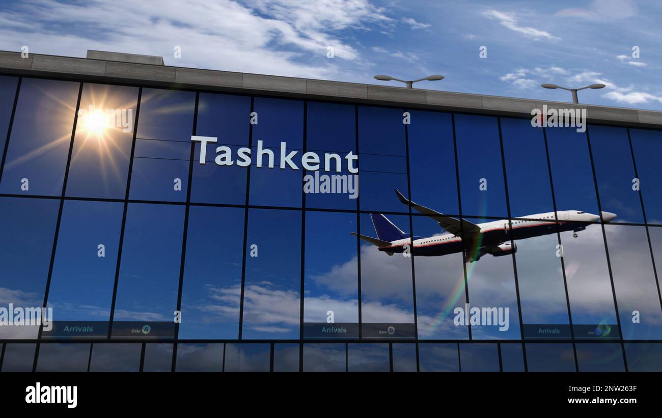 Aircraft landing at Tashkent, Uzbekistan 3D rendering illustration. Arrival in the city with the glass airport terminal and reflection of jet plane. T Stock Photo