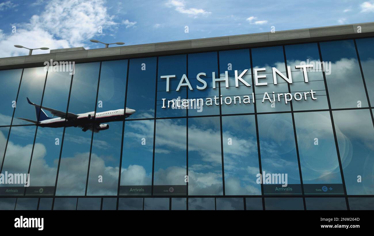 Aircraft landing at Tashkent, Uzbekistan 3D rendering illustration. Arrival in the city with the glass airport terminal and reflection of jet plane. T Stock Photo
