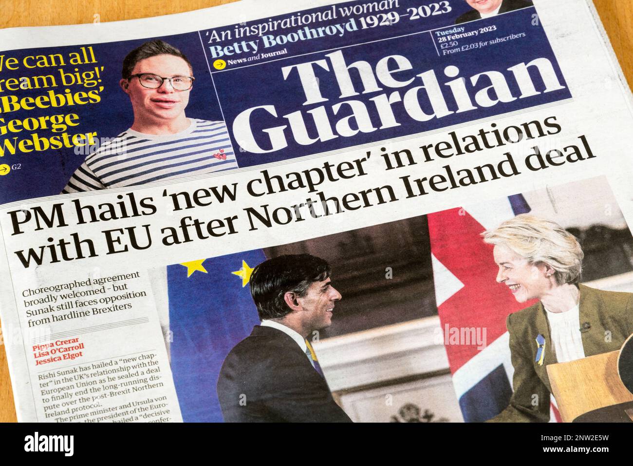 28 Feb 2023.  Headline on Guardian is PM hails 'new chapter' in relations with EU after Northern Ireland deal. After agreement of Windsor Framework aims to solve Northern Ireland border problem following Brexit with changes to the Northern Ireland Protocol. Stock Photo