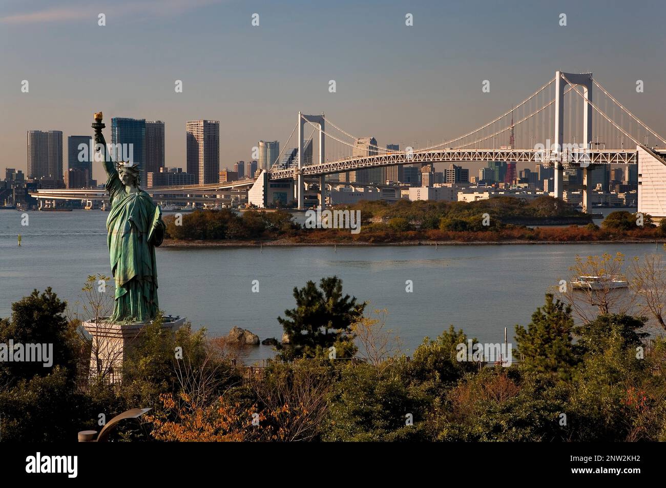Odaiba (artificial island). Bay of Tokyo.Statue of Liberty replica and