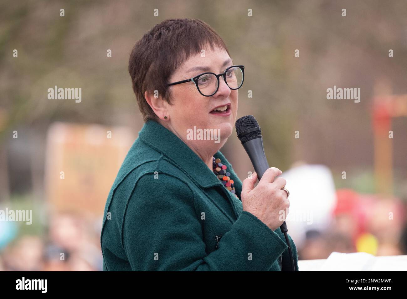 Manchester, UK, 28th February 2023, NEU STRIKE and March led by Mary Bousted, Joint General-Secretary of the National Education Union, who addressed the crowd .Teachers across Greater Manchester are walking out today 28th February 2023 amid an ongoing dispute between an education union and government. More than 12,000 members of the National Education Union (NEU) in Greater Manchester will be among those striking today (February 28). With little sign of a solution to the dispute on the horizon, teachers in the north of England are striking on Tuesday, followed by members in the Midlands and ea Stock Photo