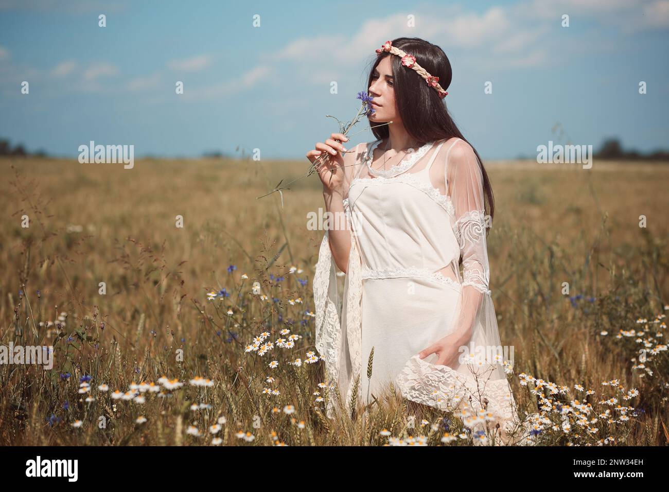 Innocent young woman in summer field Stock Photo