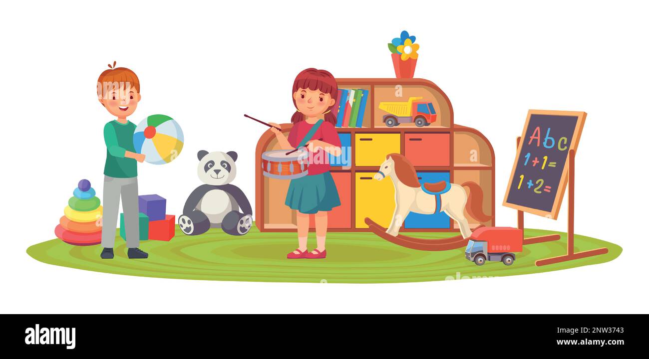 Kids in playing room with toys and musical instrument Stock Vector