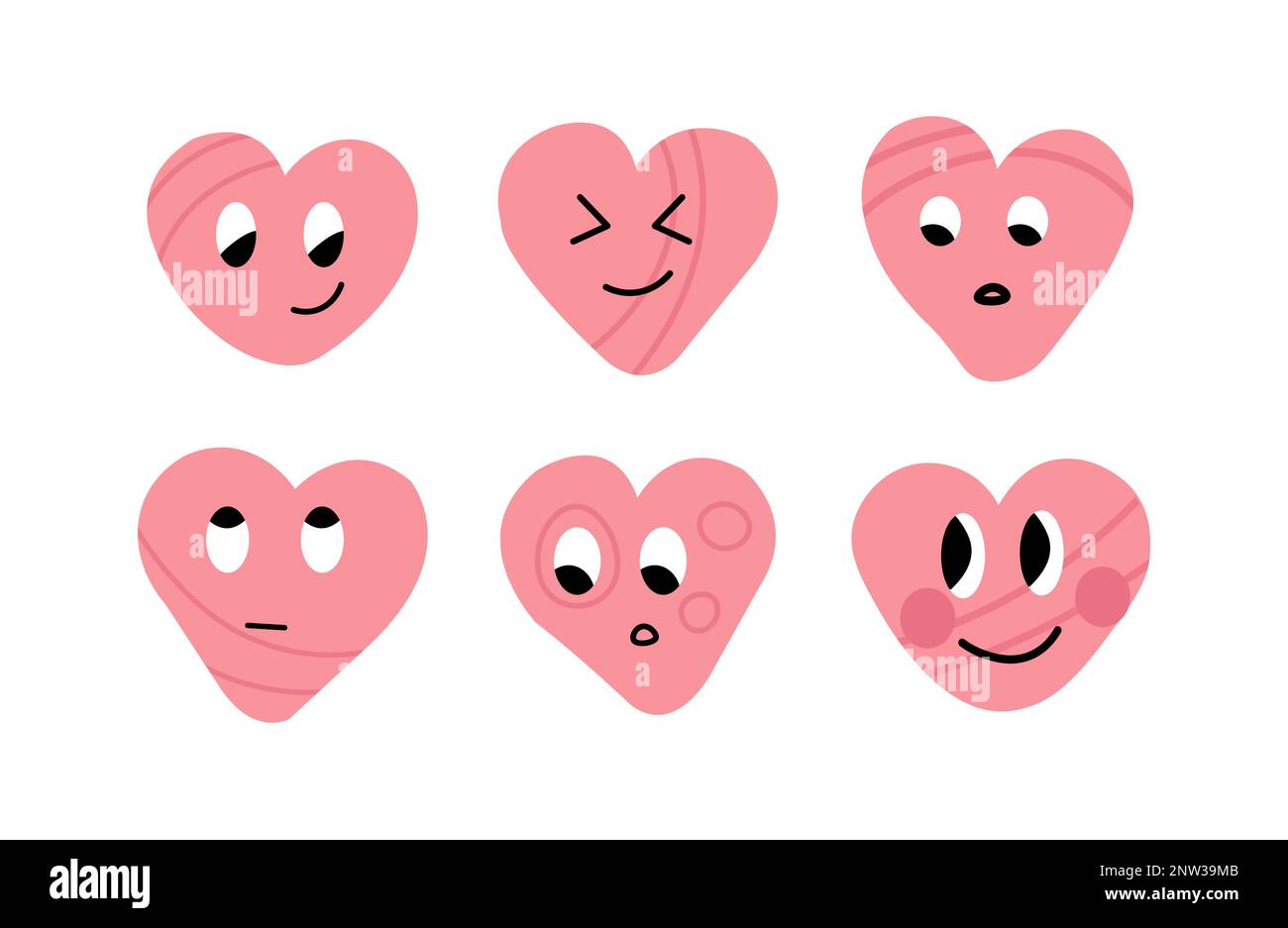 Happy pink love hearts stickers set with diverse emotions. Love