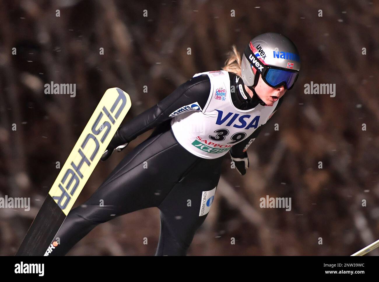 Norway's Maren LUNDBY sores through the air during the Large Hill  Individual in 7th World Cup Competition in Sapporo, Hokkaido Prefecture on  January 12, 2019. LUNDBY placed 3rd in the event. (