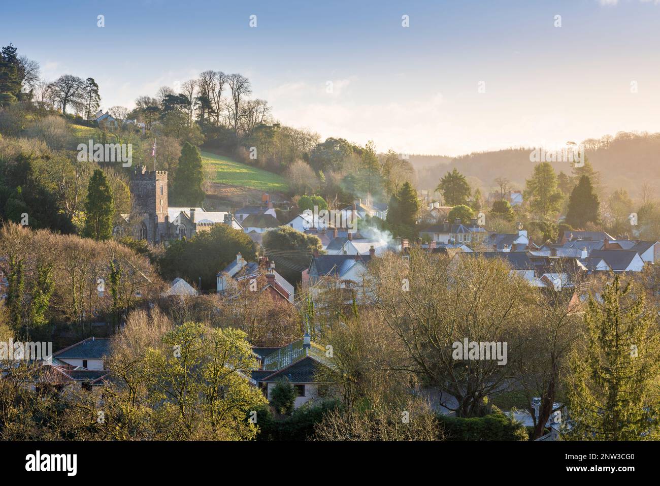 The town of Dulverton from Burridge Woods in the Exmoor National Park, Somerset, England. Stock Photo