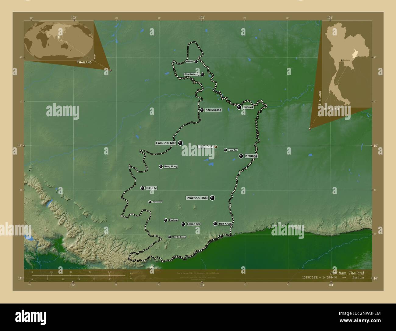 Buri Ram, province of Thailand. Colored elevation map with lakes and ...