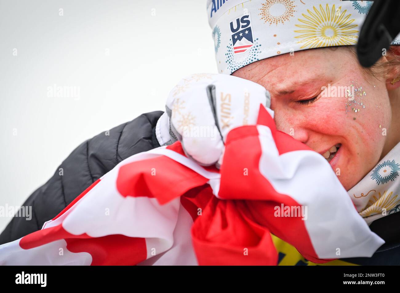 Planica, Slovenia. 28th Feb, 2023. American Jessie Diggins cries after winning the women’s 10-K freestyle race at the 2023 FIS World Nordic Ski Championships in Planica, Slovenia. John Lazenby/Alamy Live news Stock Photo